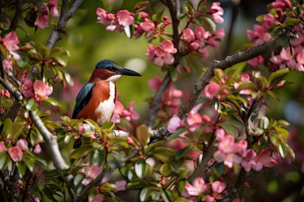生成 AI で作成された豊かな緑に囲まれた花の咲く木の庭にいるエキゾチックな鳥