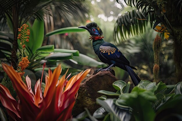 Foto uccello esotico appollaiato su bromelia in fiore nel giardino tropicale creato con ai generativo