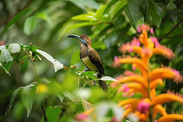 Экзотическая птица, сидящая на цветке в окружении пышной зелени, созданная с помощью генеративного искусственного интеллекта