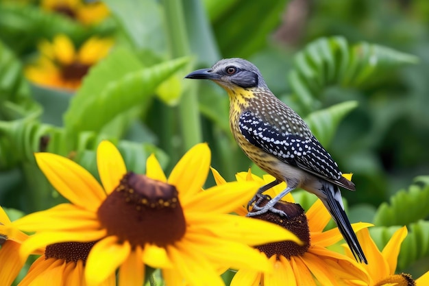 写真 生成 ai で作成されたトロピカル ガーデンのヒマワリにとまるエキゾチックな鳥