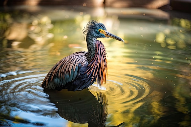 Exotic bird in shimmering pool of water created with generative ai