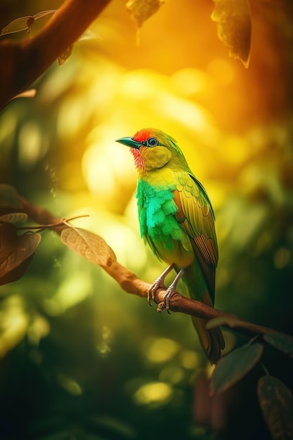 Exotic bird in tropical forest bright animal in jungle closeup generative AI