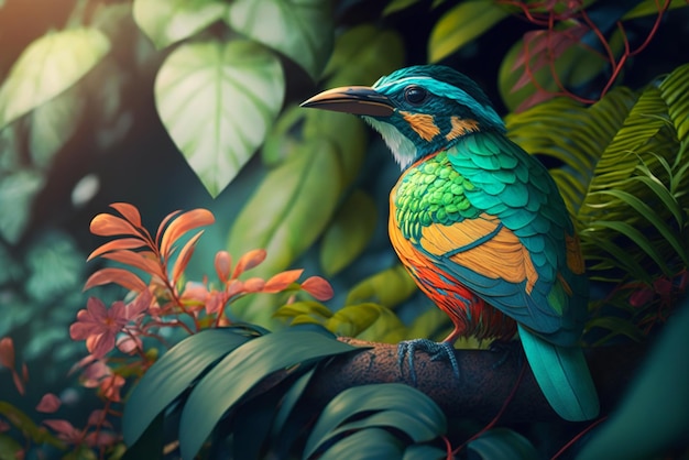 Exotic bird in tropical forest bright animal in jungle closeup generative AI