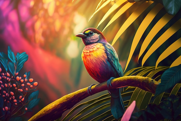 Exotic bird in tropical forest bright animal in jungle closeup generative AI