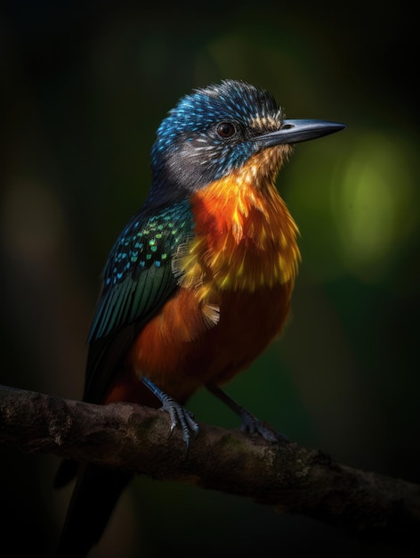 Exotic Bird with Vibrant Plumage and Sharp Beak Backlit by Warm Golden Hour Light Generative AI