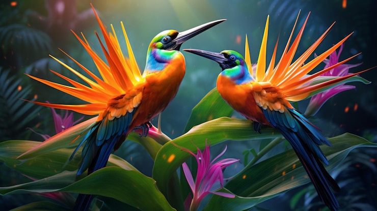 Photo exotic birds of paradise floral background