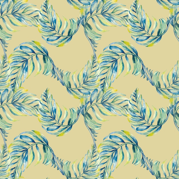 Exotic blue palm leaves seamless pattern watercolor illustration on beige