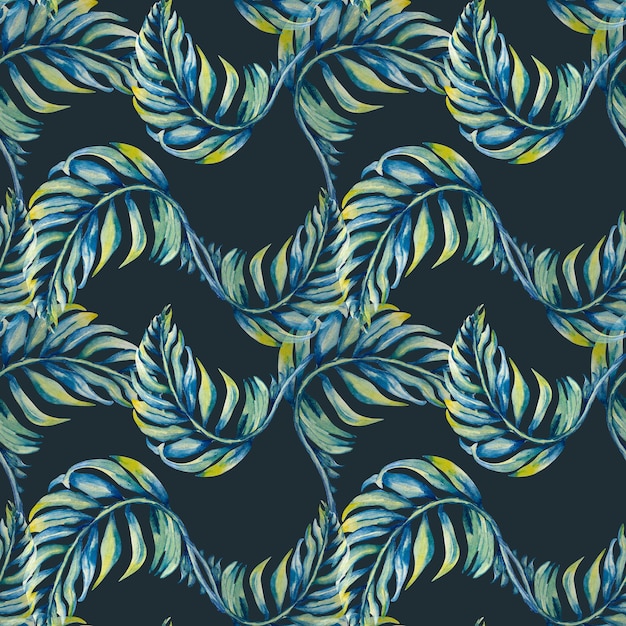 Exotic blue palm leaves seamless pattern watercolor\
illustration on dark