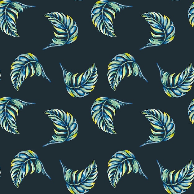 Exotic blue palm leaves seamless pattern watercolor illustration isolated