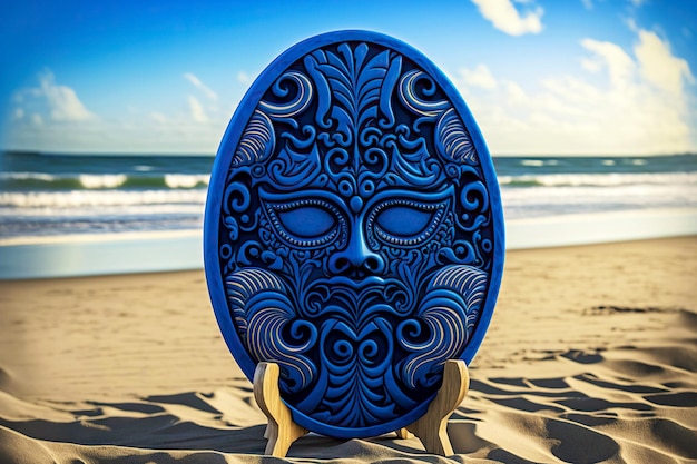 Exotic blue tiki mask with patterns on beach by sea