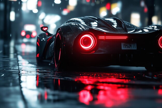 Exotic car with glowing rear lights wet urban street | Premium AI