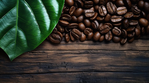 Exotic Coffee Beans With Vibrant Green Leaves On A Distressed Wooden Table