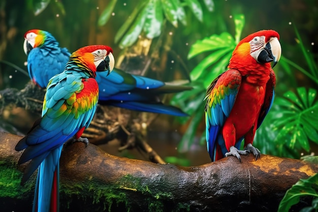 Exotic colorful parrots Ai art Tropical nature background