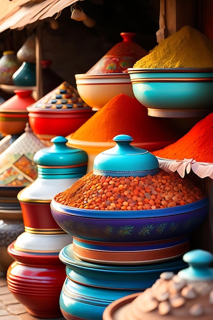 Exotic colorful spices and herbs at the market ceramic terracotta pots of turkish tea