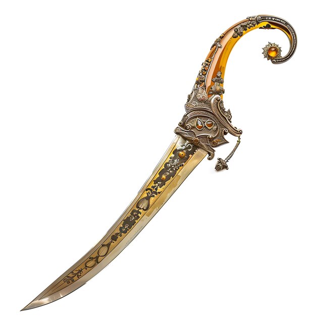 Photo exotic curved citrine kilij with an intricate design a sharp game asset 3d isolated design concept