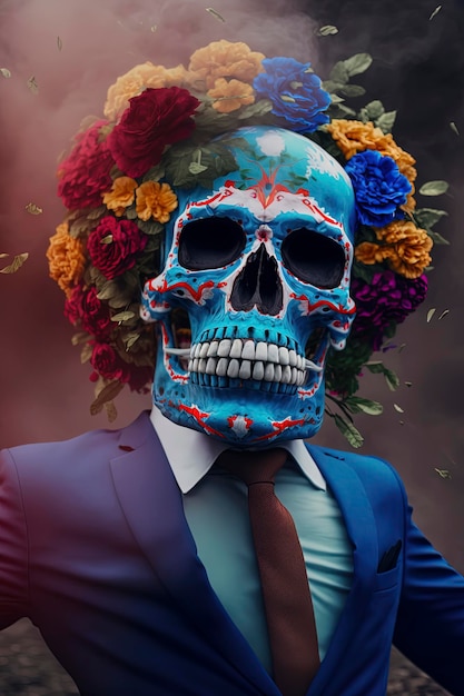 Экзотический череп Day of the Dead в костюме с цветочным головным убором Generative AI