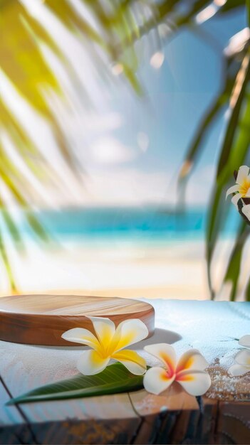 Exotic Elegance Wooden Podium Featuring Frangipani and Palm Leaves