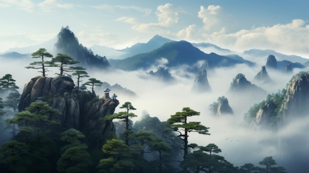 Exotic Fantasy Landscapes Delicate Chinese Mountain Scene Under The Clouds