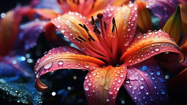 exotic flower with dew in vibrant colors