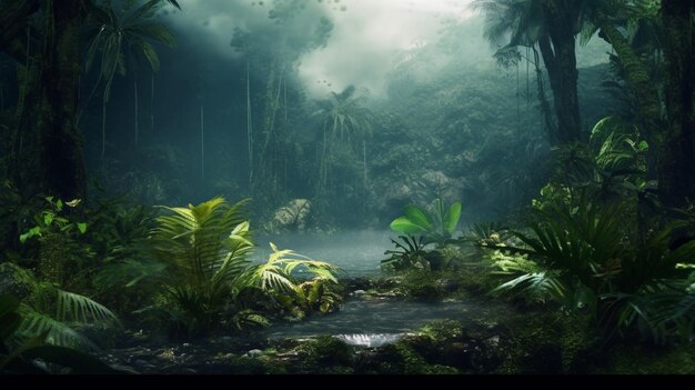 Premium Photo  Exotic foggy forest Jungle panorama forest oasis