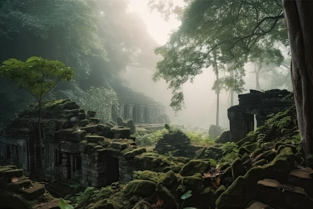 Exotic foggy forest with hidden treasure in the form of ancient ruins created with generative ai