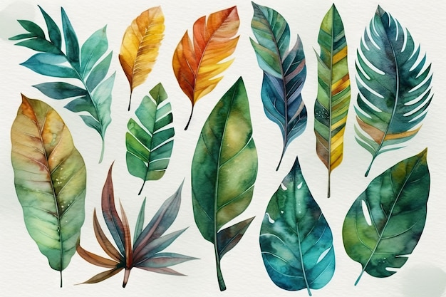 Exotic Foliage in Watercolor on White Background