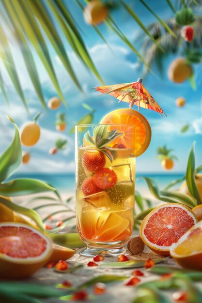 Foto cocktail di frutta esotica sulla spiaggia ai generativa