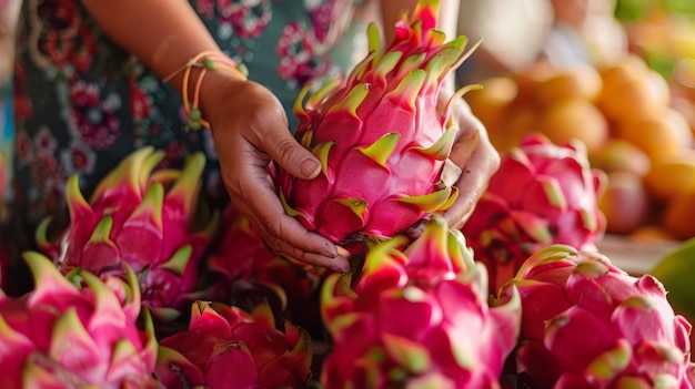 Exotic fruit market with hands choosing a vibrant dragon fruit