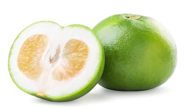 Exotic fruit oroblanco whole and half close-up on a white background. Isolated