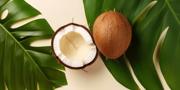 Экзотический фруктовый рай Свежий и наполовину кокосовый орех с листьями Монстеры Сверху на мягком фоне