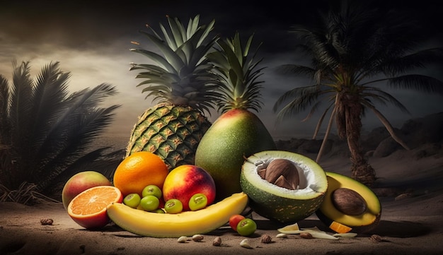 Экзотические фрукты на пляже на фоне пальм летний сезон генеративный ай