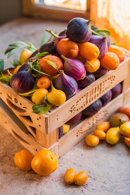 Exotic fruits in a crate with kumquats and figs