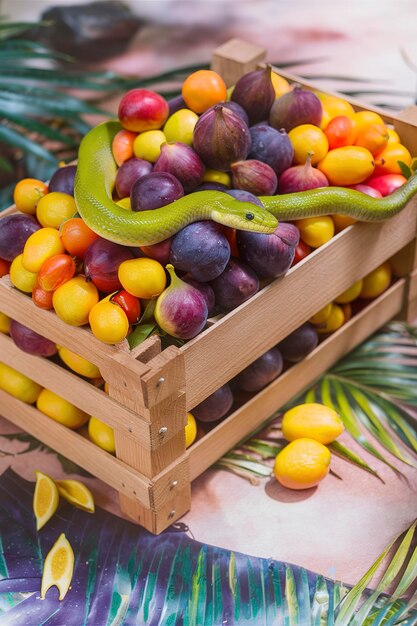 Exotic fruits in a crate with kumquats and figs