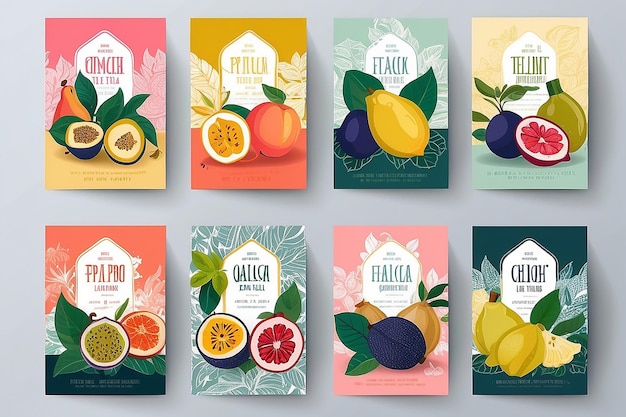 Exotic Fruits Tea Labels Set Vector Packaging Design Layouts Bundle Modern Typography