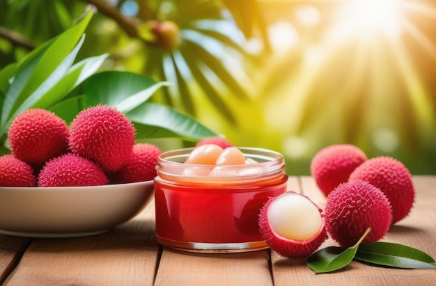 exotic garden tropical lychee fruit jar of lychee jam on a wooden table green plants on the background sunny day