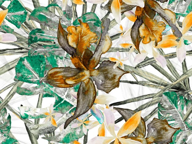 Экзотический гавайский дизайн. Текстура драпирования Таиланда. Зелено-серый принт в купальниках с орхидеями и пальмовыми листьями. Акварель цветочный фон. Тропический летний принт. Орхидея бесшовный фон.