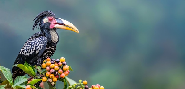 Exotic hornbill bird perched on a fruiting branch in the forest