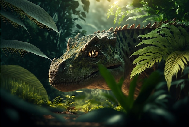 Экзотический пейзаж джунглей с динозавром, прячущимся в листьях