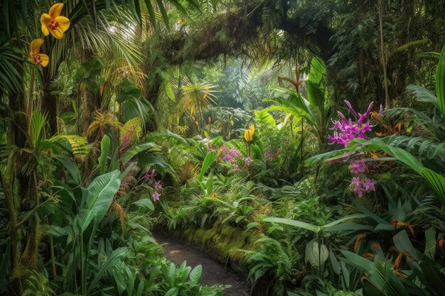 Exotic jungle with orchids and other flowers blooming in the foreground created with generative ai