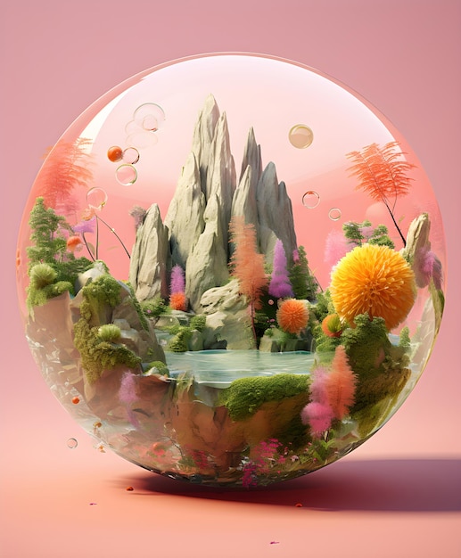 Exotic landscape in glass sphere pink background