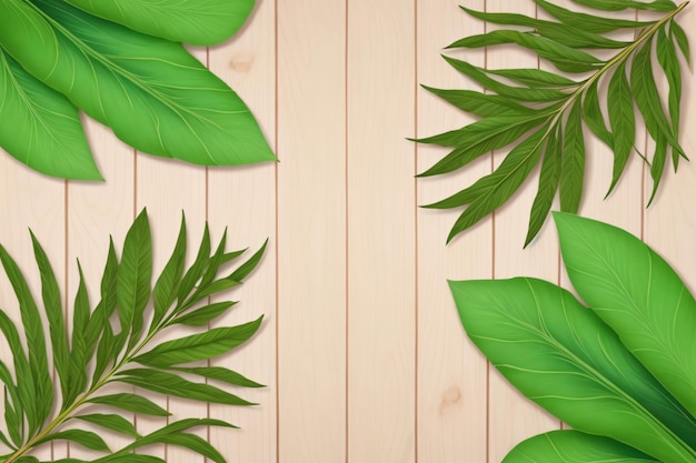 Exotic Leaves Frame on Wooden Background Exotic Leaves on Wooden Background ai generated