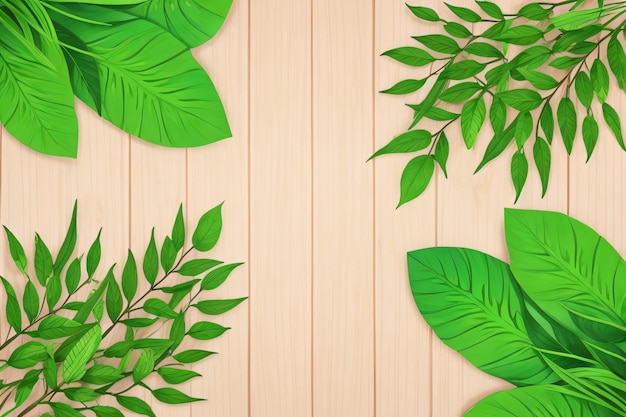 Exotic Leaves Frame on Wooden Background Exotic Leaves on Wooden Background ai generated