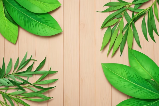 Exotic Leaves Frame on Wooden Background Exotic Leaves on Wooden Background ai generated