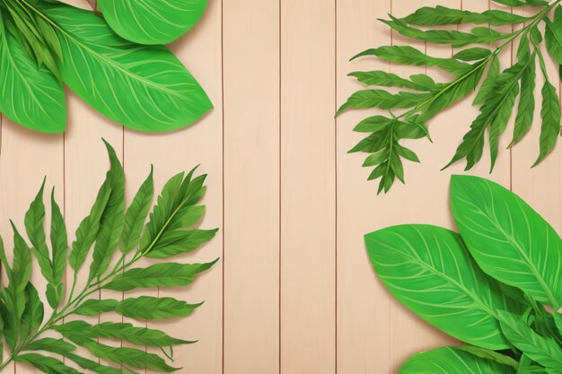 Exotic Leaves Frame on Wooden Background Exotic Leaves on Wooden Background ai generated