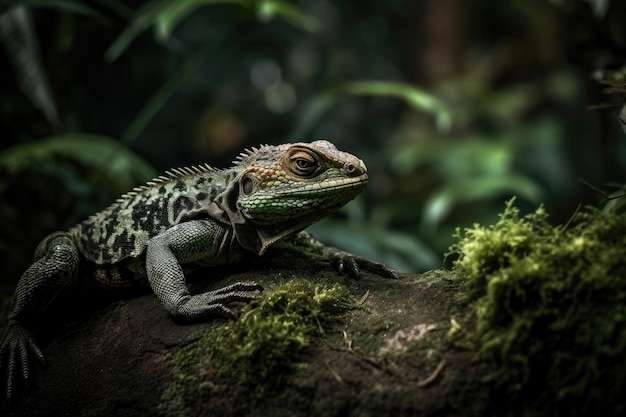 Exotic lizard in volcanic stone mysterious look generative IA