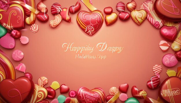 Photo exotic looking happy valentines day card background with heart candies and a beautiful light orange