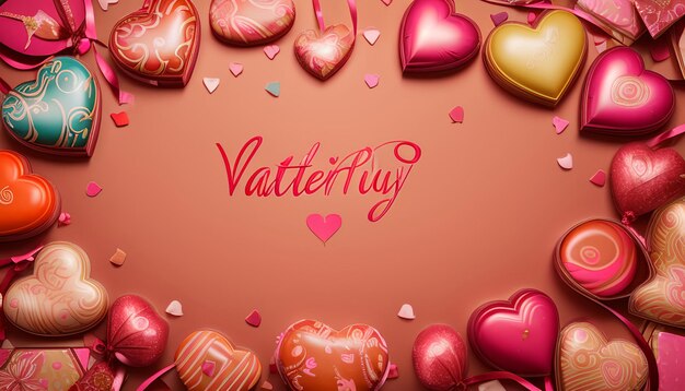 Photo exotic looking happy valentines day card background with heart candies and a beautiful light orange