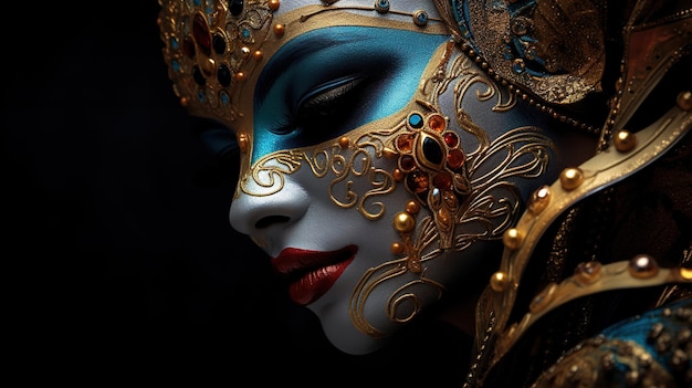 Exotic mask on the face in the style of Venetian scenes carnival turquoise and amber Generative AI