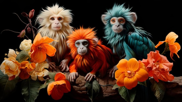 Фото Экзотические обезьяны крадут фрукты в тропических джунглях