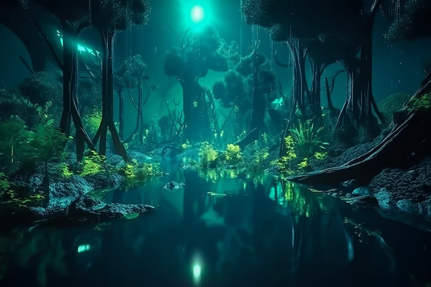 Exotic night Fairy forest with mystical light 1 generative ai